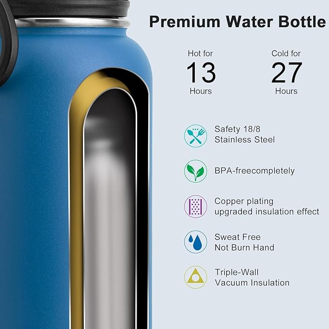 koodee Insulated Water Bottle, 22 oz Stainless Steel Double Wall Vacuum Wide Mouth Sport Bottle with Leakproof Spout Lid (Navy)