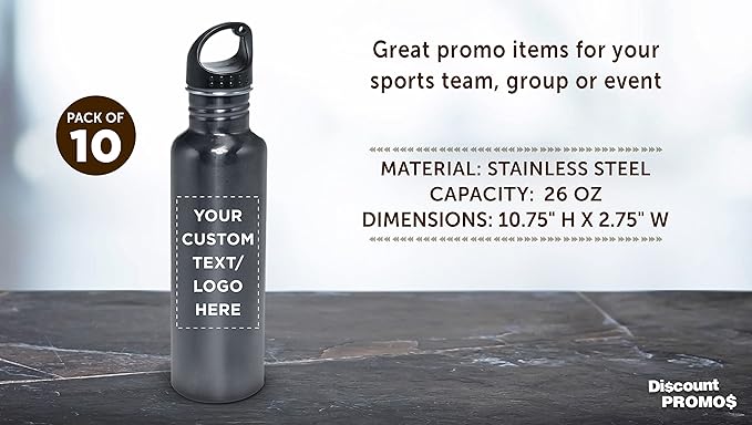 DISCOUNT PROMOS Custom Stainless Steel Water Bottles 26 oz. Set of 10, Personalized Bulk Pack - Reusable, Leak Proof, Perfect for Gym, Hiking, Camping, Outdoor Sports - Grey