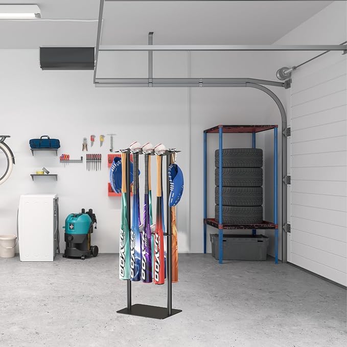 Baseball Bat Holder Display Stand, Holds 8 Bats 5 Balls 4 Gloves, Heavy Duty Metal Storage Rack for Home Garage Dugout, Black