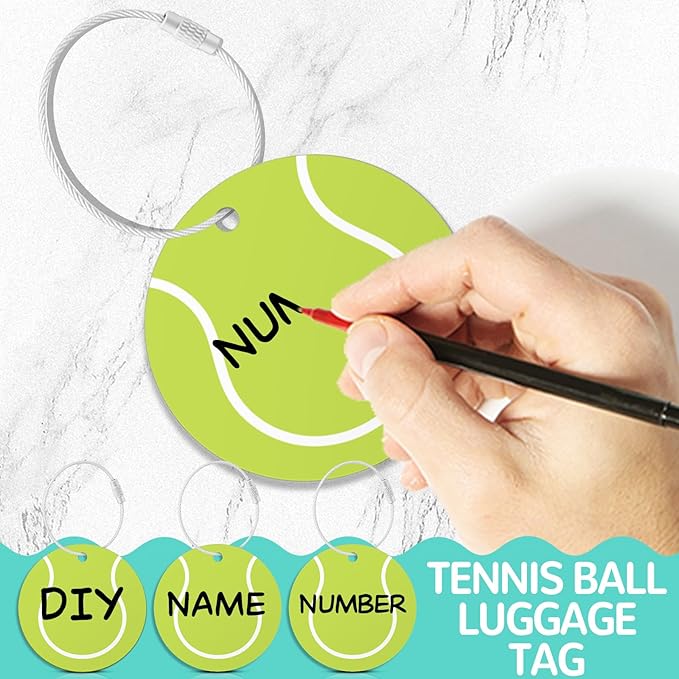 12Pcs Tennis Luggage Tags forTravel Suitcases Labels with Metal Ring 2.75in Tennis Keychain PVC Name Id and DIY Pocket Hug Card,Backpack Charms for Men Women Travel Bag Suitcase