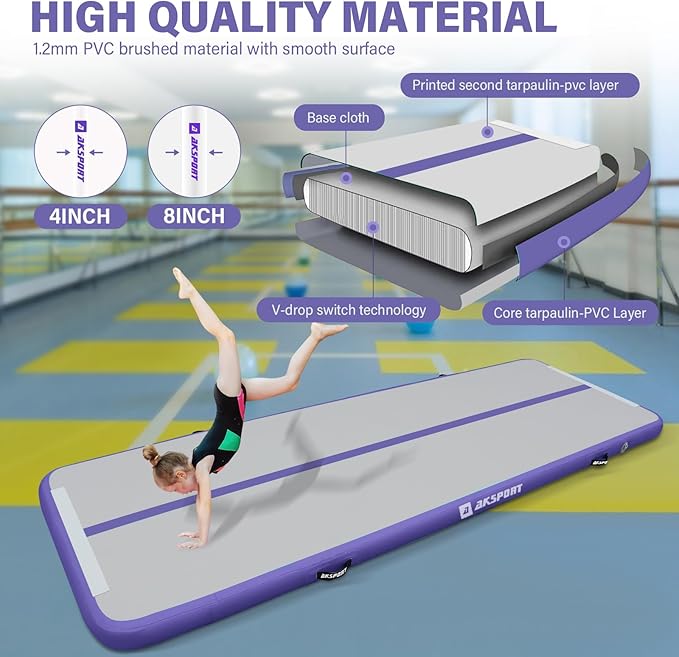 AKSPORT Gymnastics Air Mat Tumble Track Tumbling Mat Inflatable Floor Mats with Air Pump for Home Use/Tumble/Gym/Training/Cheerleading/Parkour/Beach/Park/Water