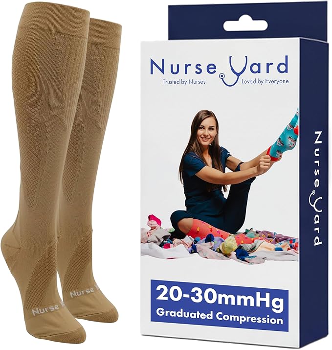 Nurse Yard Compression Socks for Women and Men | 20-30mmHg Graduated Medical Compression Socks for Nurses | Travel and Flying | Athletic Support for Running, Best Compression Socks | 1 Pair Core2Beige