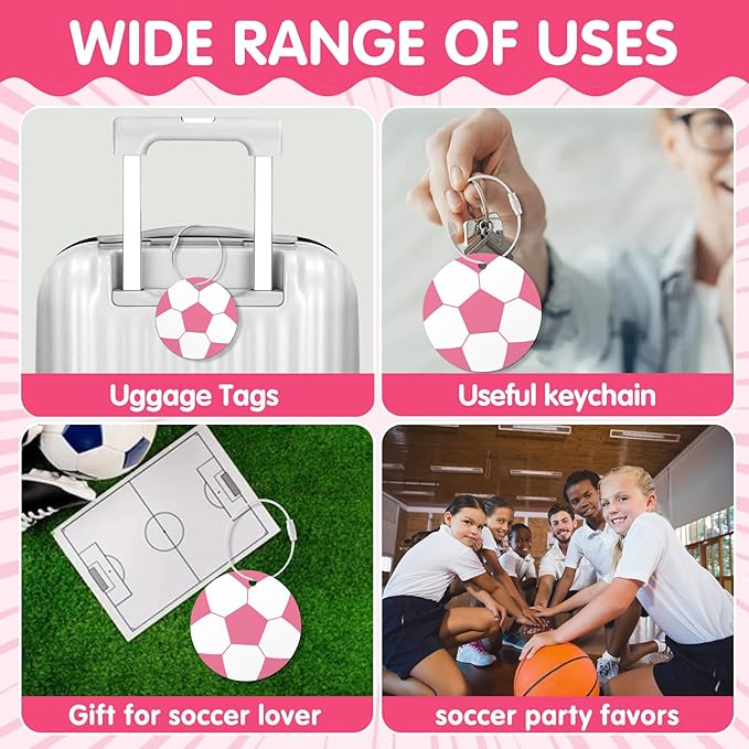 12 Pcs Pink Soccer Luggage Tags for Suitcases Travel Suitcase Labels with Metal Ring 2.75in Pink Soccer Keychain PVC Name Id Card DIY Pocket Hug Card for Men Women Travel Bag Suitcase