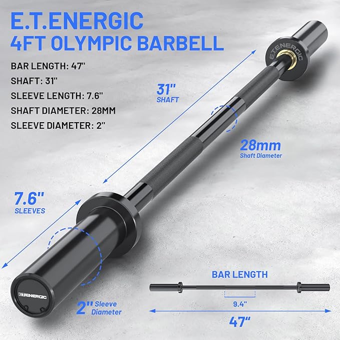 4ft Olympic Barbell - Heavy Duty Chrome Steel Weightlifting Bar for 2-Inch Plates, 500LBS Capacity Bar with Knurled Grip & Ball Bearings - Compact Strength Training Barbell for Men & Women Home Gym Workout
