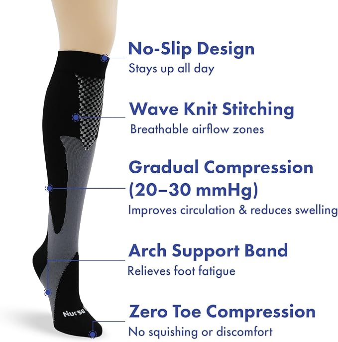 Nurse Yard Compression Socks for Women and Men | 20-30mmHg Graduated Medical Compression Socks for Nurses | Travel and Flying | Athletic Support for Running, Best Compression Socks | 1 Pair Black