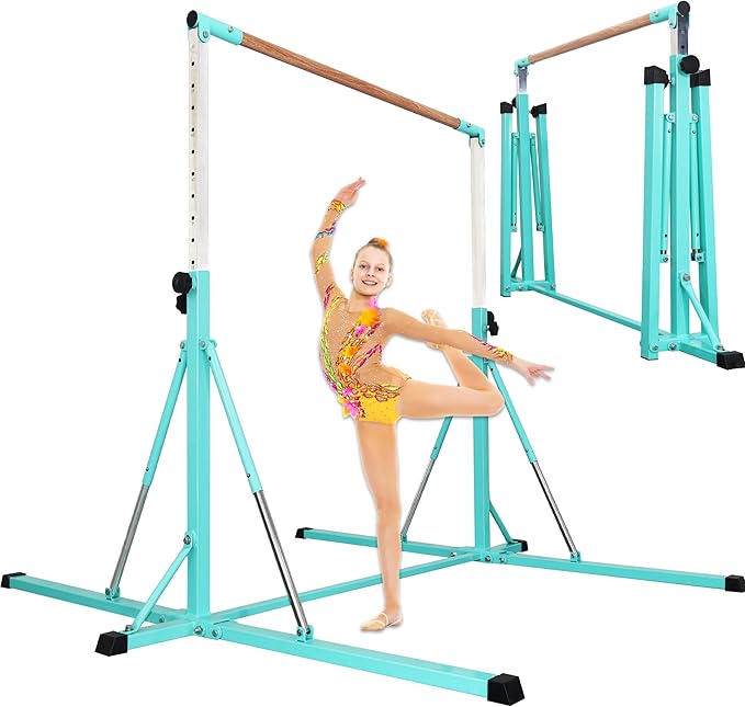 Gymnastics Bar for Kids Ages 3-15, 35" to 60" Adjustable Height, 4FT Wide Base - Professional Kip Bar with 360° Stability & Fiberglass Crossbar, Easy Fold&Solid Design for Home Training