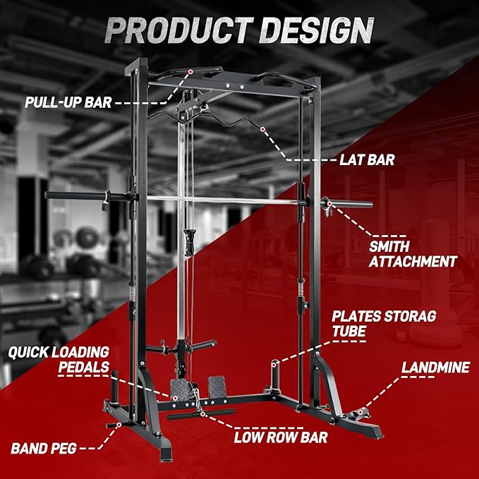 Smith Machine Power Cage Squat Rack with LAT-Pull Down System, 1000LBS Capacity, Landmine, Barbell Bar, Plate Storage Pegs and More Training Attachment for Garage Workout & Home Gym