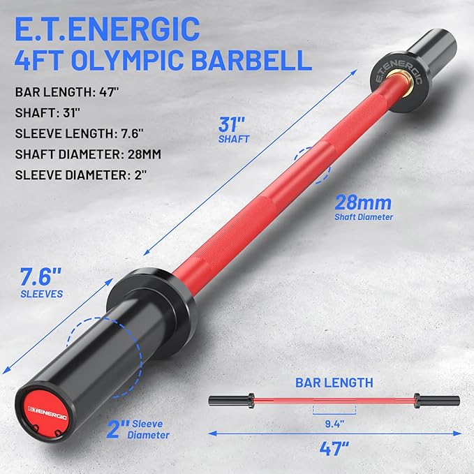 4ft Olympic Barbell - Heavy Duty Chrome Steel Weightlifting Bar for 2-Inch Plates, 500LBS Capacity Bar with Knurled Grip & Ball Bearings - Compact Strength Training Barbell for Men & Women Home Gym Workout
