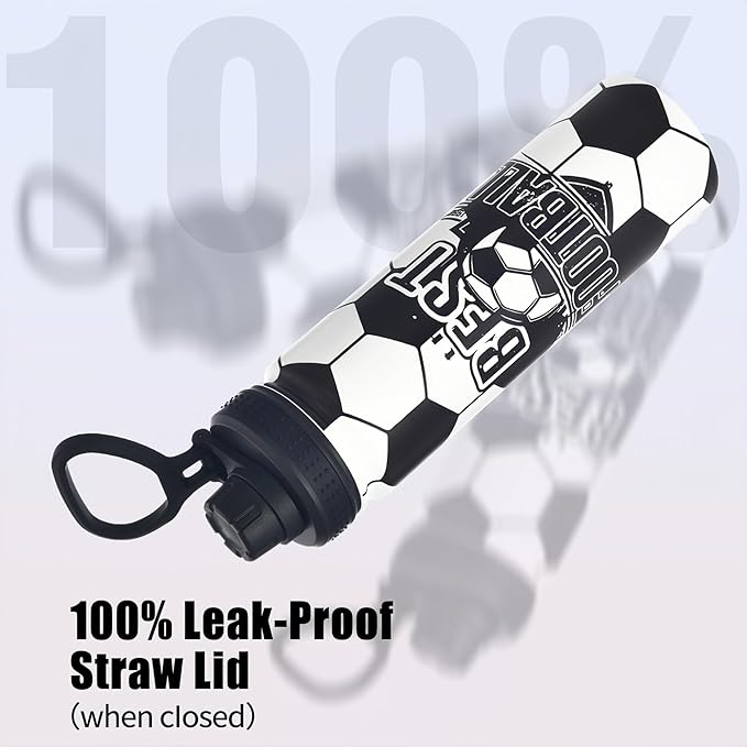 Soccer Water Bottle, 24 oz Insulated Stainless Steel Sports Bottle with Straw, Soccer Stuff Gifts for Boys