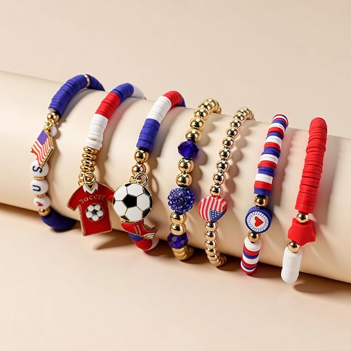 Soccer Bracelet For Women, Game Day Mom Accessories & Outfits Sports Jewelry Fans Gifts, Charm Beaded Stretch Bracelets Essentials Team Gear
