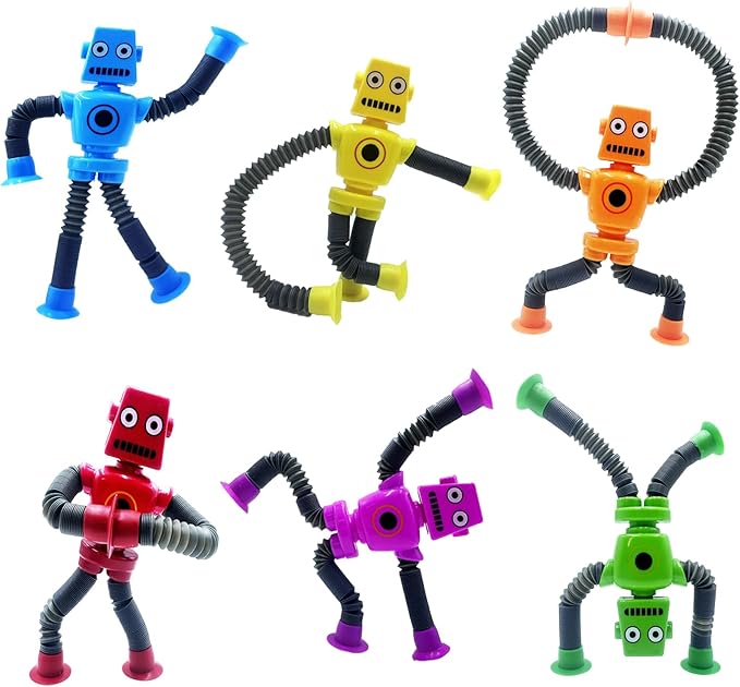 6PCS Telescopic Suction Cup Robot Toy,pop Tubes,Toys for Kids,Toddler Travel Toys,Toddler Sensory Toys,figette Toys,Fidget Toys for Kids,Treasure Box prizes,Small Toys for Kids prizes