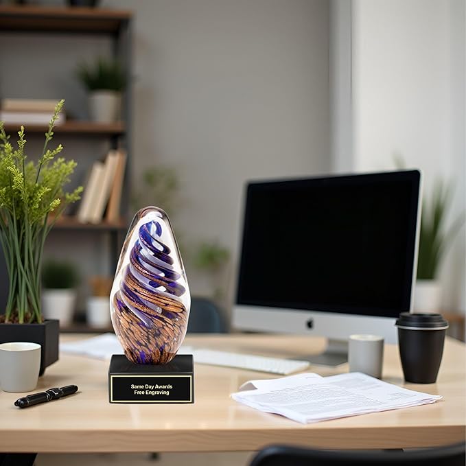 Hand-Blown Art Glass Award – Custom Engraved Elegant Award for Corporate, Sports Retirement Volunteer Recognition Leadership Personal Milestones Employee Gifts