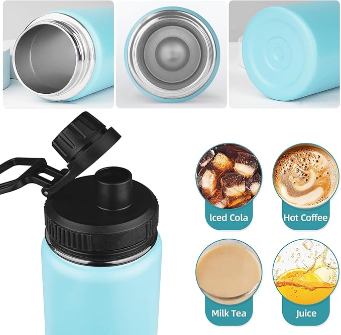24oz Insulated Water Bottle with Straw&2 Lids, Stainless Steel Water Bottles, Sports Metal Water Bottle Cup, Double Walled Vacuum Insulated Bottles Leak-Proof Travel, Blue
