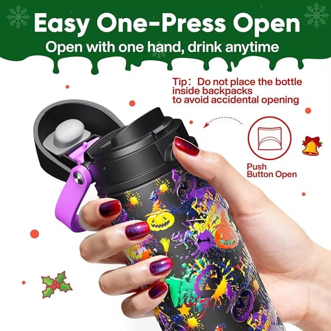 ENCOOL Insulated Water Bottle with Straw Stainless Steel Water Bottle with Push Button Lid, Leak-Proof & BPA-Free, Keeps Cold for 24 Hours for Sports, Travel, Gym (24 oz, Ghost Party)