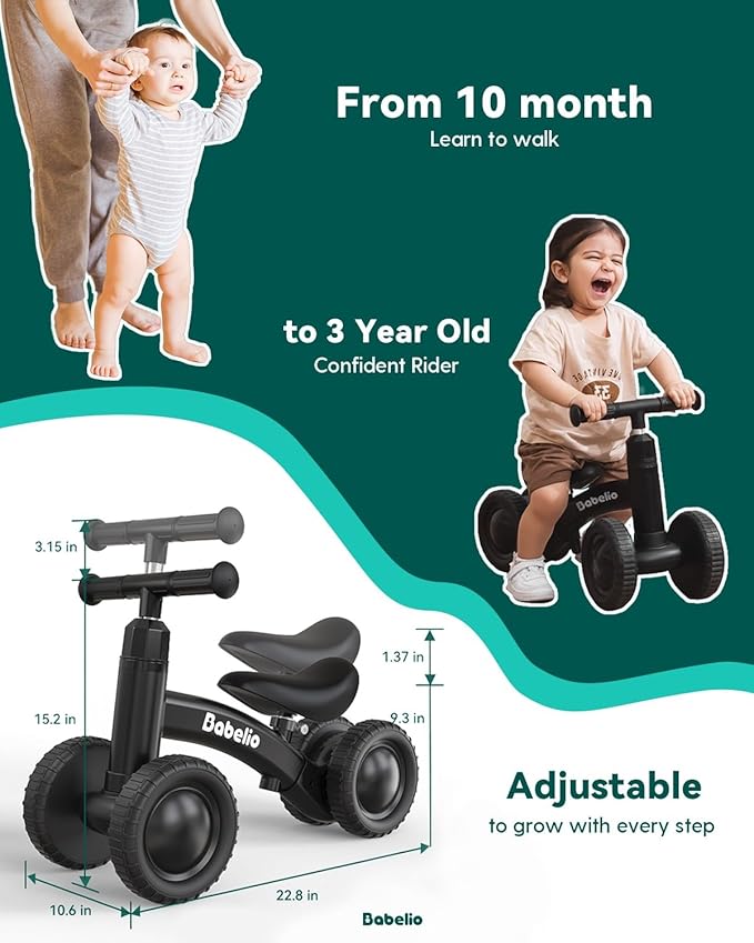 BABELIO Updated Baby Balance Bike for 1 Year Old Boys Girls, 10-36 Month Toddler Balance Bike, 4-Wheel Off-Roader Design, Adjustable Seat & Handlebar - Green