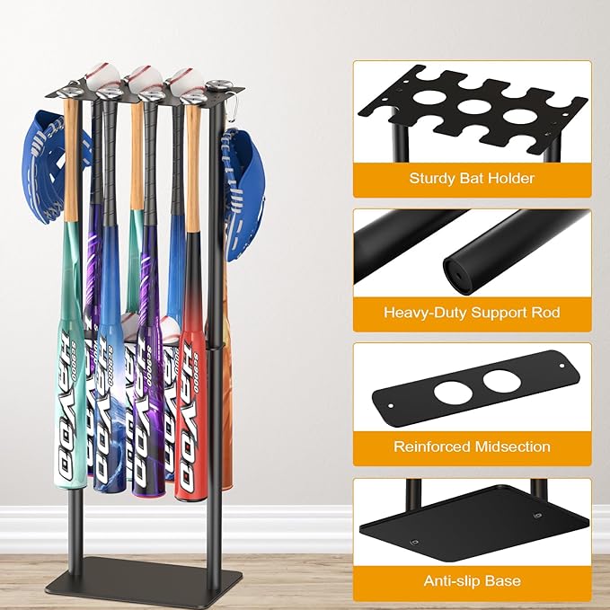 Baseball Bat Holder Display Stand, Holds 8 Bats 5 Balls 4 Gloves, Heavy Duty Metal Storage Rack for Home Garage Dugout, Black