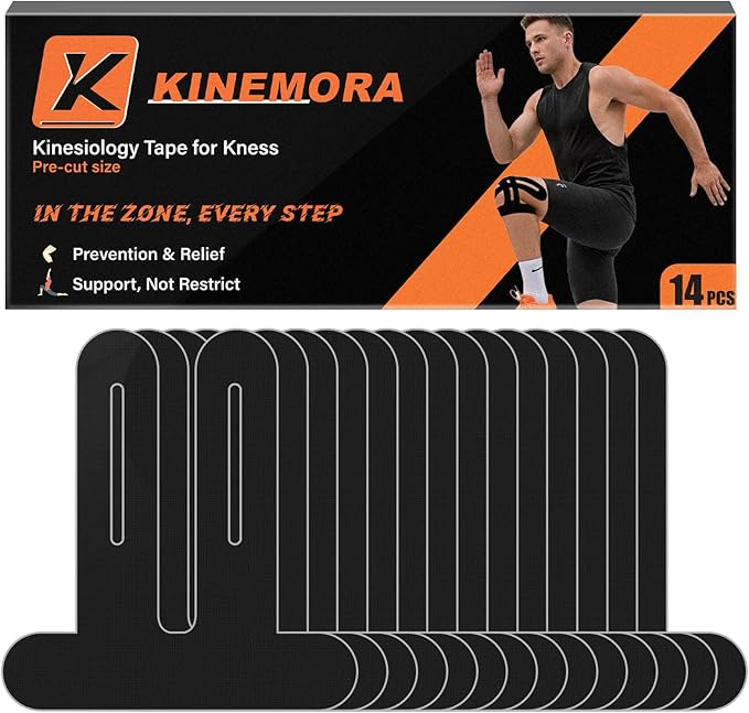 14 Pcs Precut Kinesiology Tape for Knees - Knee Support & Stability, Reduces Pressure Feel, Waterproof, Elastic Strong Adhesive Athletic Tape, Latex-Free, Breathable, for Running, HIIT, Squats