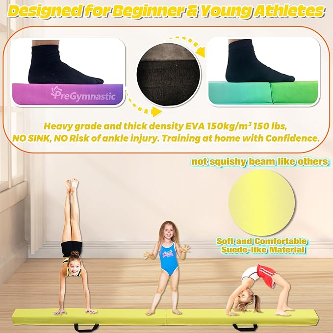 PreGymnastic 6FT/8FT/9.5FT Folding Balance Beam for Kids Ages 3-12, Foldable Gymnastics Floor Beam-Extra Firm Suede Cover with Carrying Bag for Home-Gym Equipment for Toddler Teenager