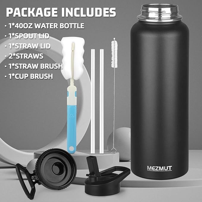 MEZMUT Insulated Water Bottle with Straw&2 Lids 40oz Stainless Steel Water Bottles Sports Metal Water Bottle Double Walled Vacuum Insulated Bottles Cups Leak-Proof Travel Cup (Black)