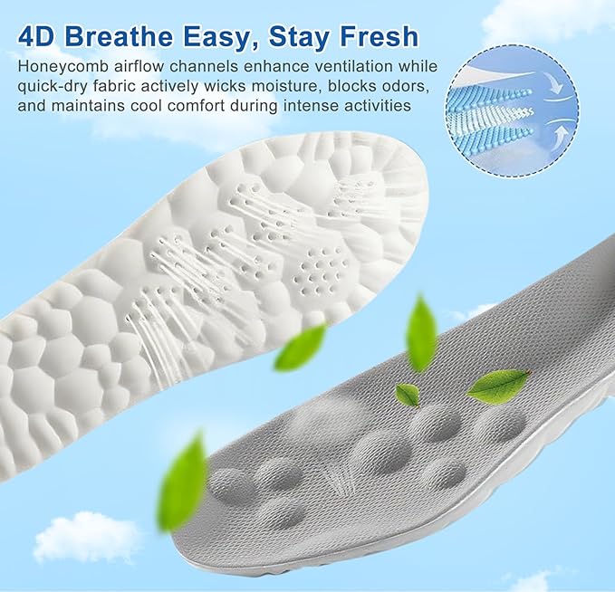 4D Cloud Insoles for Men Women, Memory Foam Boot Insoles, Comfortable and Breathable Massage Cushion Shoe Inserts with Arch Support, Trim to Fit All Shoe Types(1Pair-Grey, Men 6-7/Women 7.5-8.5)