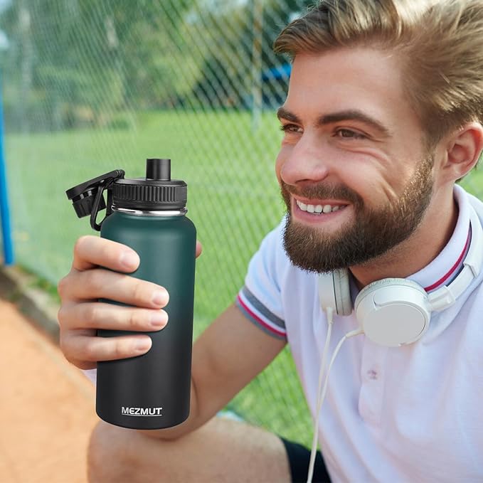 MEZMUT Stainless Steel Water Bottles 32oz Insulated Water Bottle with Straw&2 Lids Double Walled Sports Metal Cups Water Bottle Cup Leak-Proof Vacuum Insulated Bottles Travel (Gradient Green Black)