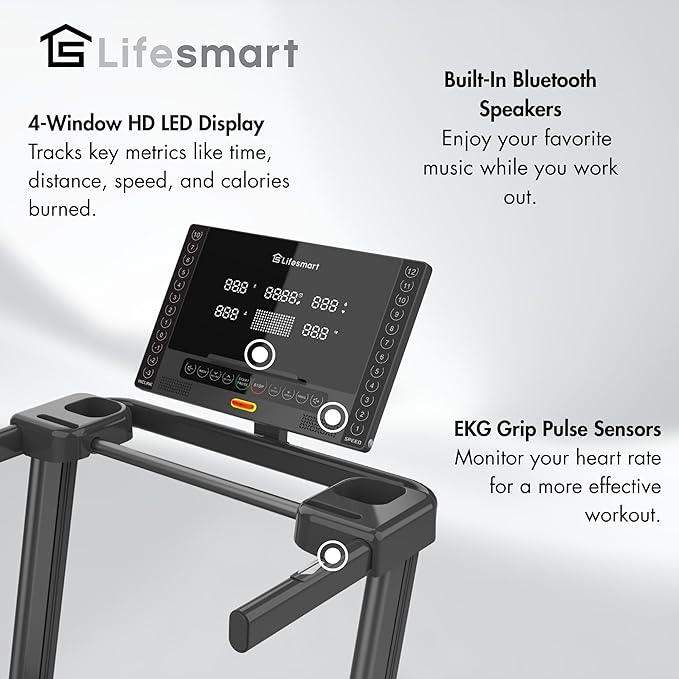 Lifesmart TM2500 PowerTouch Folding Treadmill for Home Gym | Brushless Motor, 10% Incline & -3% Decline | Compact Heavy Duty Treadmill with Bluetooth Speakers, Fan & Heart Rate Monitor