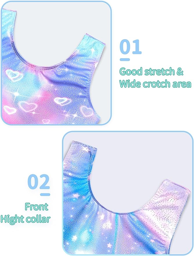 Nymphperi 2 Packs Gymnastics Leotard for Girls Sparkle Biketards with Shorts Kids Sleeveless Unitard One-Piece Dancewear
