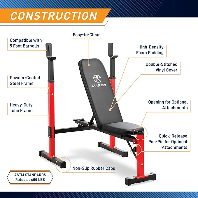 Marcy Standard & Olympic Adjustable Weight Benches and Accessories - Build You Own Home Gym with Optional Attachments Available: Lat Tower, Leg Developer, and Arm Curl for Full Body Exercise and Strength Training