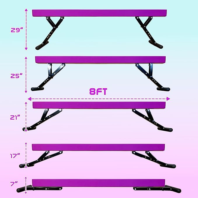 PreGymnastic 8FT Balance Beam, Raised Gymnastics Beam for Kids Ages 3-12, Home Gym Equipment for Training, Adjustable Balancing Beam Indoor, Off-Ground Competition Style