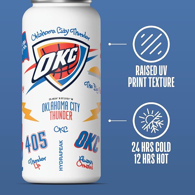 Hydrapeak x NBA Officially Licensed Oklahoma City Thunder 32 oz Active Water Bottle with Chug Lid Reusable Stainless Steel Double Wall Insulated Sports Gift, Celebrating The City Of Oklahoma