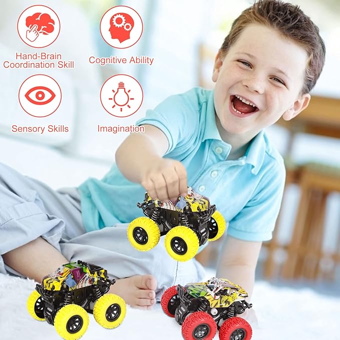 Monster Truck Toys for Ages 2-4, Friction Cars for Toddlers 1-3 Push and Go 360° Rotating Stunt Car for 2+ Year Old Boys Girls Gifts (2 Pack - Red and Yellow)