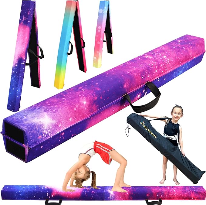 PreGymnastic 6FT/8FT/9.5FT Folding Balance Beam for Kids Ages 3-12, Foldable Gymnastics Floor Beam-Extra Firm Suede Cover with Carrying Bag for Home-Gym Equipment for Toddler Teenager