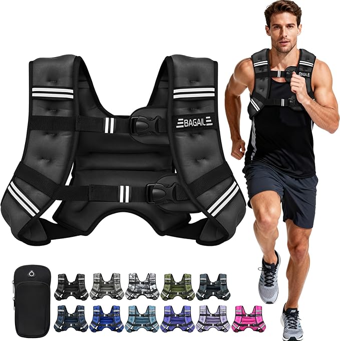 BAGAIL Weighted Vest, 5lb/8lb/10lb/12lb/15lb/20lb/25lb/30lb Weight Vest for Walking & Weight Loss, Reflective Rucking Vest with Phone Pouch for Women & Men, Home Gym & Outdoor Training