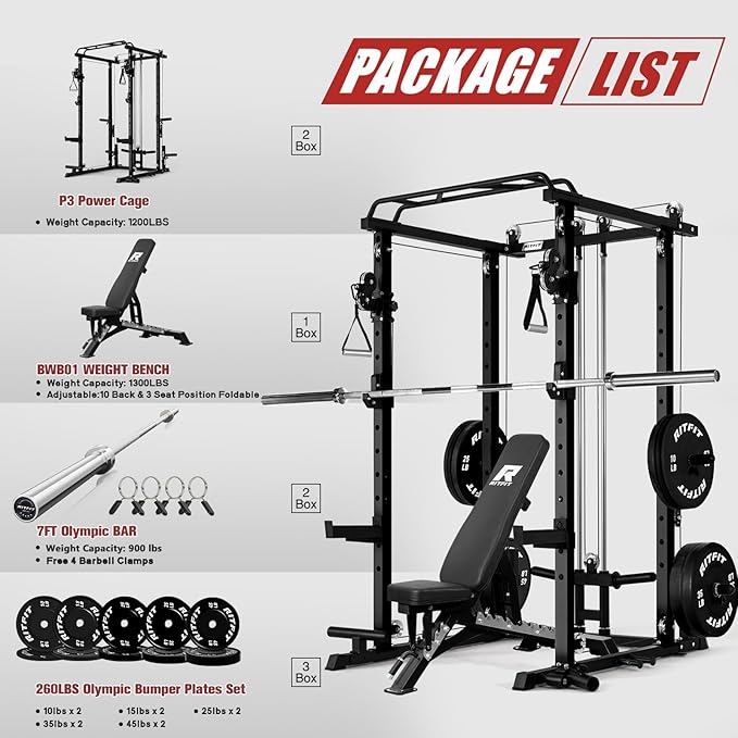 RitFit Upgraded PPC-P3 Power Cage, 3-in-1 Home Gym with Aluminum Pulley System, 1200LBS Capacity, Includes LAT Pulldown, Landmine, J-Hooks & 20+ Attachments, Fits Compact Spaces Black Red