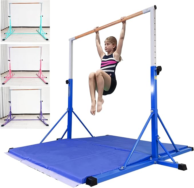 Gymnastics Bar for Kids Ages 3-15, 35" to 60" Adjustable Height, 4FT Wide Base - Professional Kip Bar with 360° Stability & Fiberglass Crossbar, Easy Fold&Solid Design for Home Training