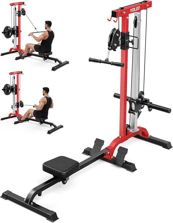 Cable Machine Home Gym 2 in 1, Rowing Machine & LAT Pulldown Station with High/Low Pulley, 450 Lbs Loaded, Foldable Compact Design, Includes LAT Bar & Tricep Rope