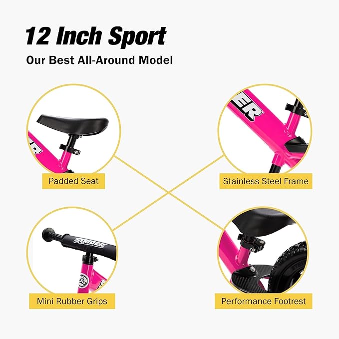Strider 12” Sport Bike - No Pedal Balance Bicycle for Kids 1 to 4 Years - Includes Safety Pad, Padded Seat, Mini Grips & Flat-Free Tires - Tool-Free Assembly & Adjustments
