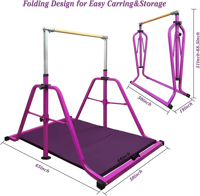 GLANT Gymnastics Bar for Kids with Rings Set, 7 Heights Adjustable Easy Folding Gymnastic Training Bar Kids Monkey Horizontal Bars - Max Load 300LBS