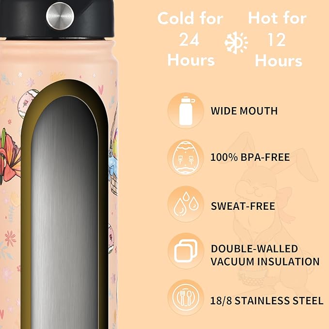 mininoo Water Bottle with Straw Lid, 24 oz Insulated Stainless Steel Double Wall Vacuum, Gifts, Cute Bunny & Egg(Peach Fuzz)