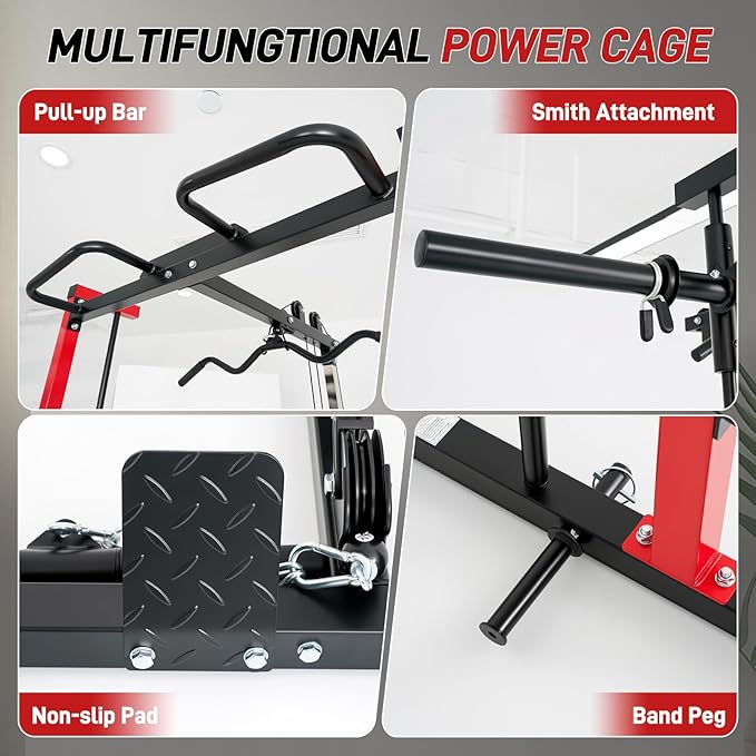 Smith Machine Power Cage Squat Rack with LAT-Pull Down System, 1000LBS Capacity, Landmine, Barbell Bar, Plate Storage Pegs and More Training Attachment for Garage Workout & Home Gym
