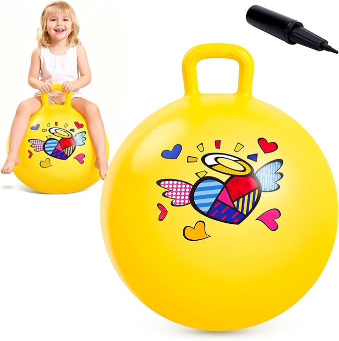 EVERICH TOY Hopper Ball for Kids, 18In Ride On Bouncy Ball with Handle, Yellow Heart Girls Toys for Indoor Outdoor Active Play Toys, Best Christmas Girls Boys Gifts for 4 5 6 7 8 Yr Old