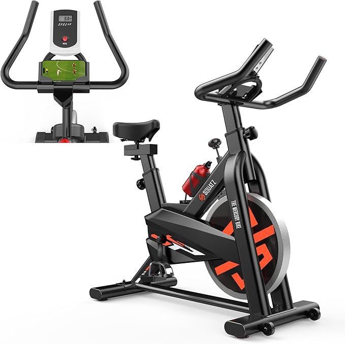 SQUATZ Indoor Exercise Bicycle With Training Console, 4-Way Adjustable Seat and Handlebar, 8 Resistance Levels, Workout Equipment for Home Gym with Comfortable Seat Cushion, Digital LCD Display