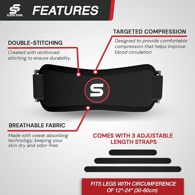 Sleeve Stars Swedish Brand Patellar Tendon Support Strap for Women & Men Effective Osgood Schlatter Knee Brace Youth & Kids Knee Brace with 3 Adjustable Length fits 12"-24" (Pair/Black/Adult)