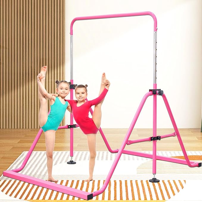 PreGymnastic Folding Gymnastics Bar with Rings, Foldable Kip Bar with Sturdier Base, Training Bar for Kids Ages 3-10, Horizontal Bar, Home Gym Equipment for Boy Girl