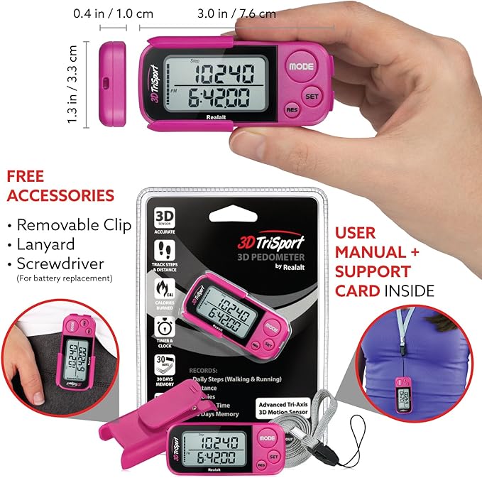 Realalt 3DTriSport Walking 3D Pedometer with Clip & Strap, eBook Included 30 Days Memory Accurate Step Counter, Walking Distance Miles/Km, Calorie Counter, Daily Exercise Time Monitor