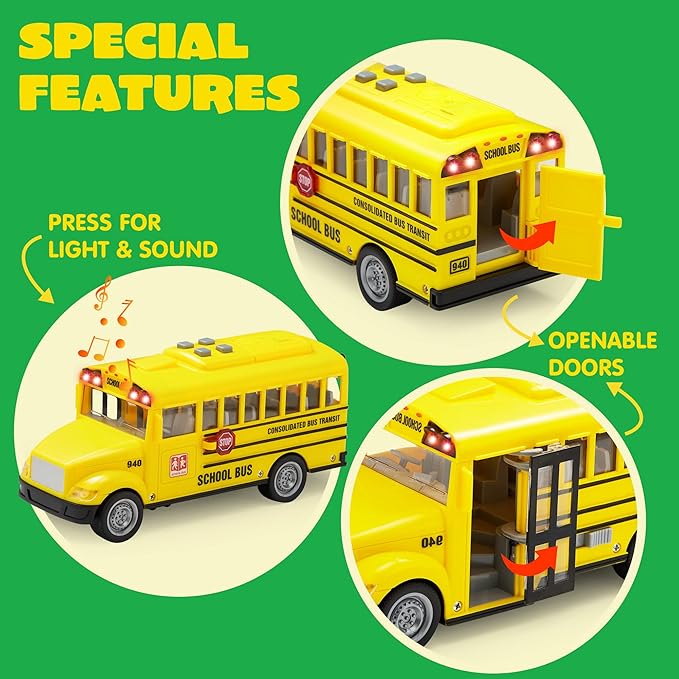 JOYIN 4 Pcs 7" Long Vehicle Toy Set, Toddlers Cars with Lights and Siren Sound, Including Play Police Car, School Bus, Garbage Truck, Ambulance, Birthday Christmas Party Gifts Toys for Boys 3-5