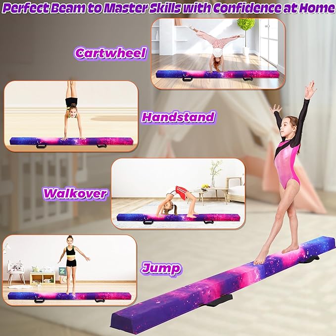 PreGymnastic 6FT/8FT/9.5FT Folding Balance Beam for Kids Ages 3-12, Foldable Gymnastics Floor Beam-Extra Firm Suede Cover with Carrying Bag for Home-Gym Equipment for Toddler Teenager
