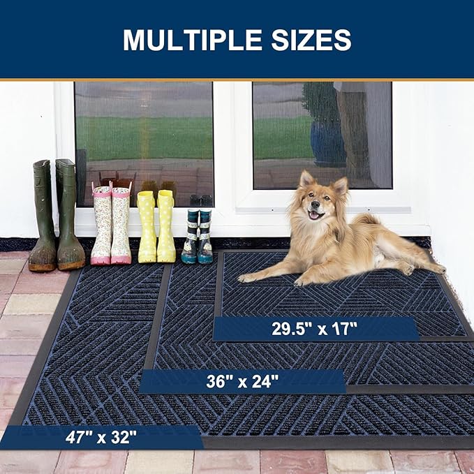 Smiry Front Door Mat Outside Entrance, Heavy Duty Sturdy Natural Rubber Doormat, Trap Dirt and Moisture, Easy Clean Low Profile Mats for Indoor Outdoor Entry, Irregular Triangle (59x24, Navy Blue)