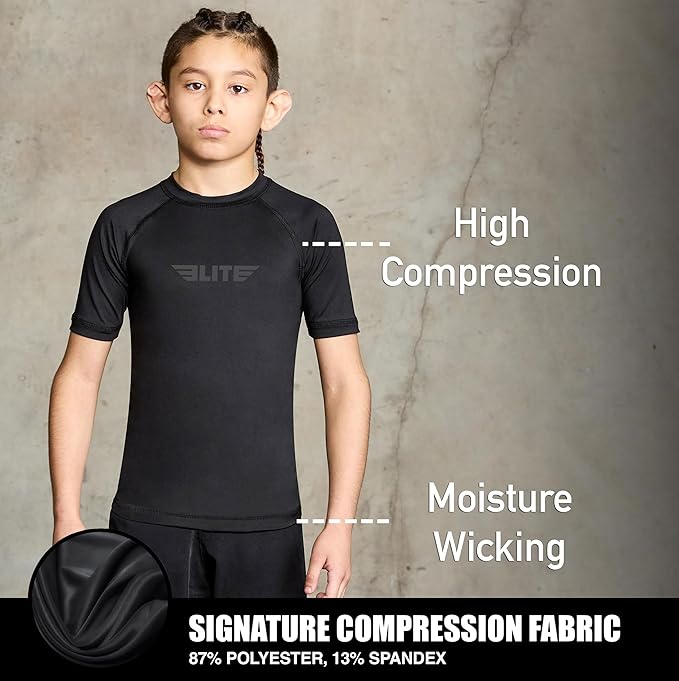 Elite Sports Kids Jiu Jitsu BJJ Rash Guard, Short Half Sleeve Compression Shirt for Youth Boys Girls Sports Nogi Training