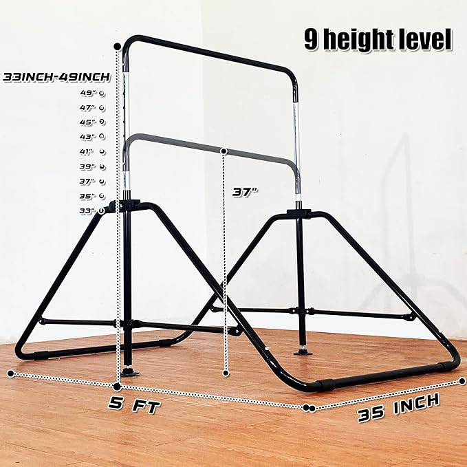 MARFULA Foldable Gymnastic Bar for Kids Ages 3-12, 9 Height Levels, 200 lbs Weight Capacity, 5 Ft Length Gymnastic Kip Bar with Mat, Gymnastic Equipment for Home and Gym Center Indoor Outdoor Use